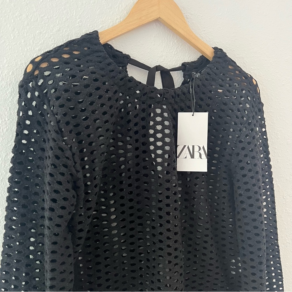 Zara Black Long Sleeve Crochet Open Knit Sweater
